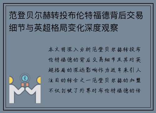 范登贝尔赫转投布伦特福德背后交易细节与英超格局变化深度观察